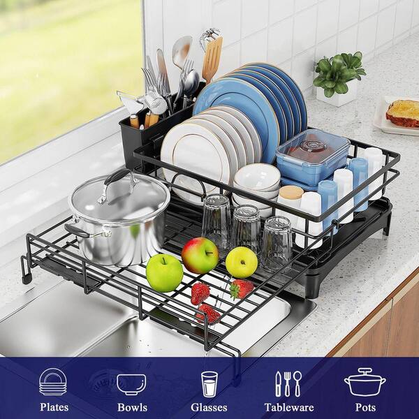 Lynzavix Black Expandable Dish Rack with Cutlery Holder, Large