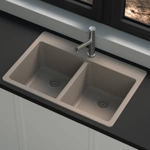 Stonehaven 33 in. Drop-In 50/50 Double Bowl Taupe Ice Granite Composite Kitchen Sink with Taupe Strainer