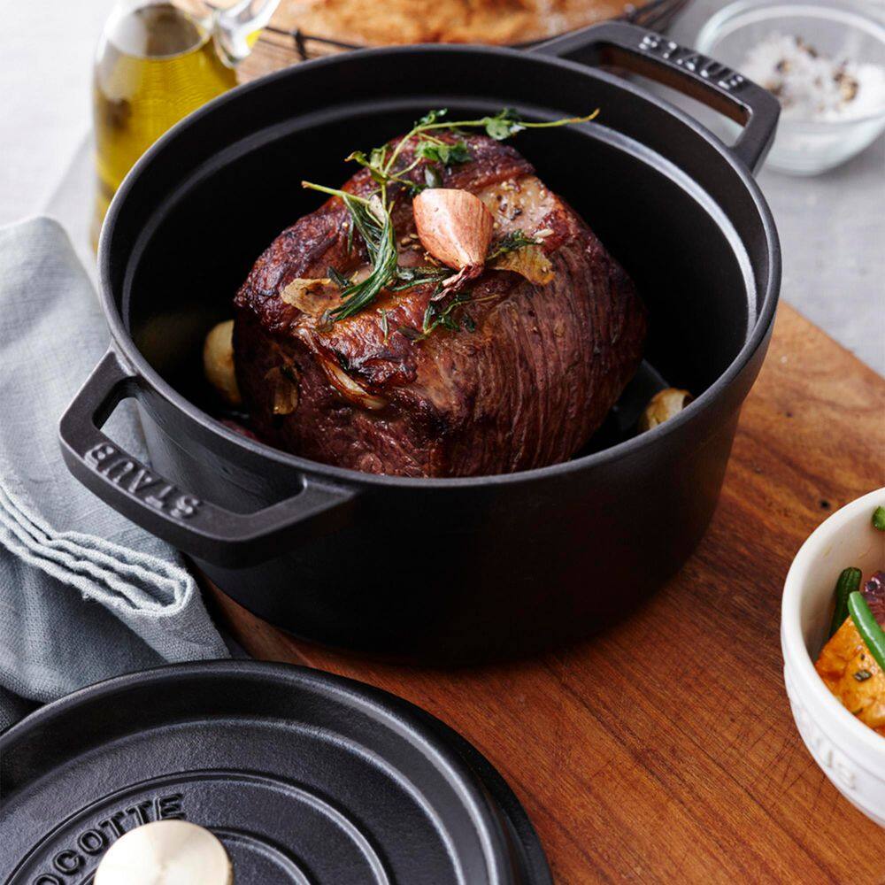 staub Cast Iron 4 qt. Round Cast Iron Dutch Oven in Black with Lid 1003195
