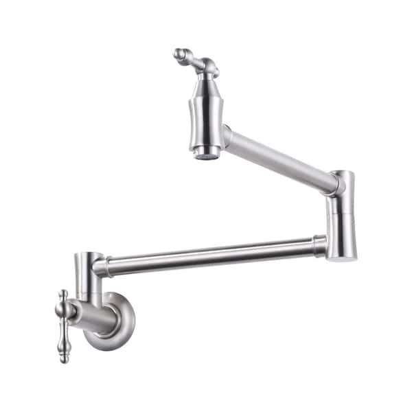 Brass Wall Mouned Pot Filler Kitchen Faucet, Modern Kitchen Faucet with Double Joint Swing Arm in Brushed Nickel