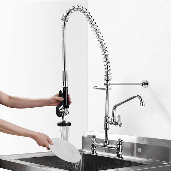 Solid Brass Triple Handle Commercial Pull Down Sprayer Kitchen Faucet with Pre-Rinse Sprayer in Chrome