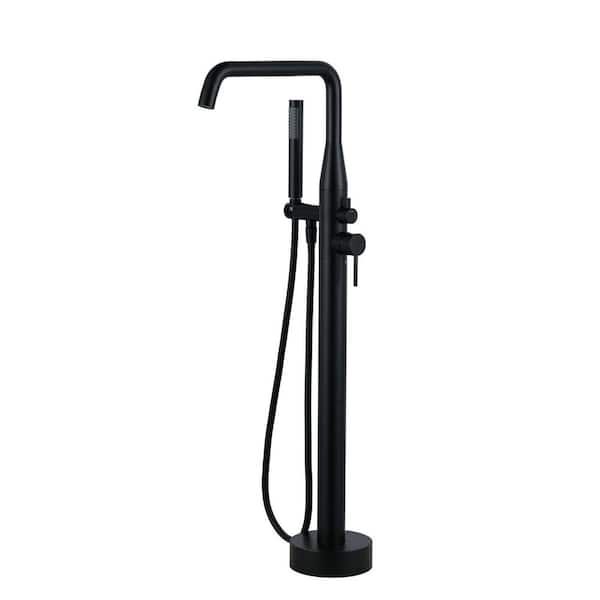 Double Handle Floor Mounted Freestanding Tub Faucet with Handheld Shower in Matte Black