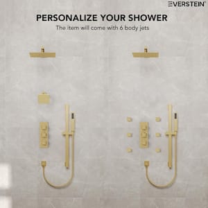 3-Spray Patterns Thermostatic 12 in. Wall Mount Rain Dual Shower Heads with 6-Jet in Brushed Gold (Valve Included)