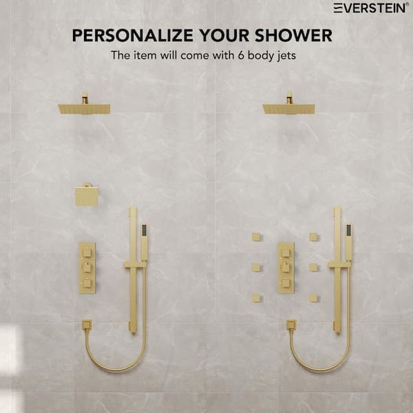 3-Spray Patterns Thermostatic 12 in. Wall Mount Rain Dual Shower Heads with 6-Jet in Brushed Gold (Valve Included)