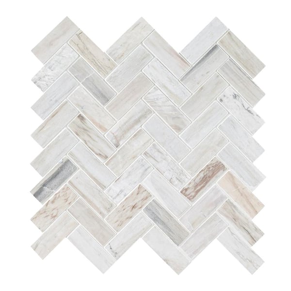 MSI Take Home Tile Sample - Angora Herringbone 4 in. x 4 in. Polished Marble Mesh-Mounted Mosaic Tile