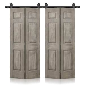 48 in. x 80 in. Vintage Gray Stain 6 Panel MDF Double Hollow Core Bi-Fold Barn Door with Sliding Hardware Kit