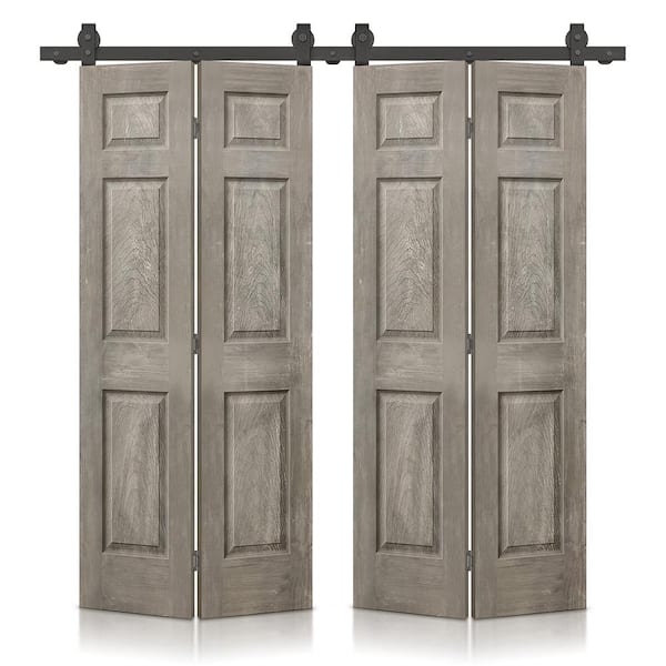 CALHOME 60 in. x 80 in. Vintage Gray Stain 6 Panel MDF Double Hollow Core Bi-Fold Barn Door with Sliding Hardware Kit