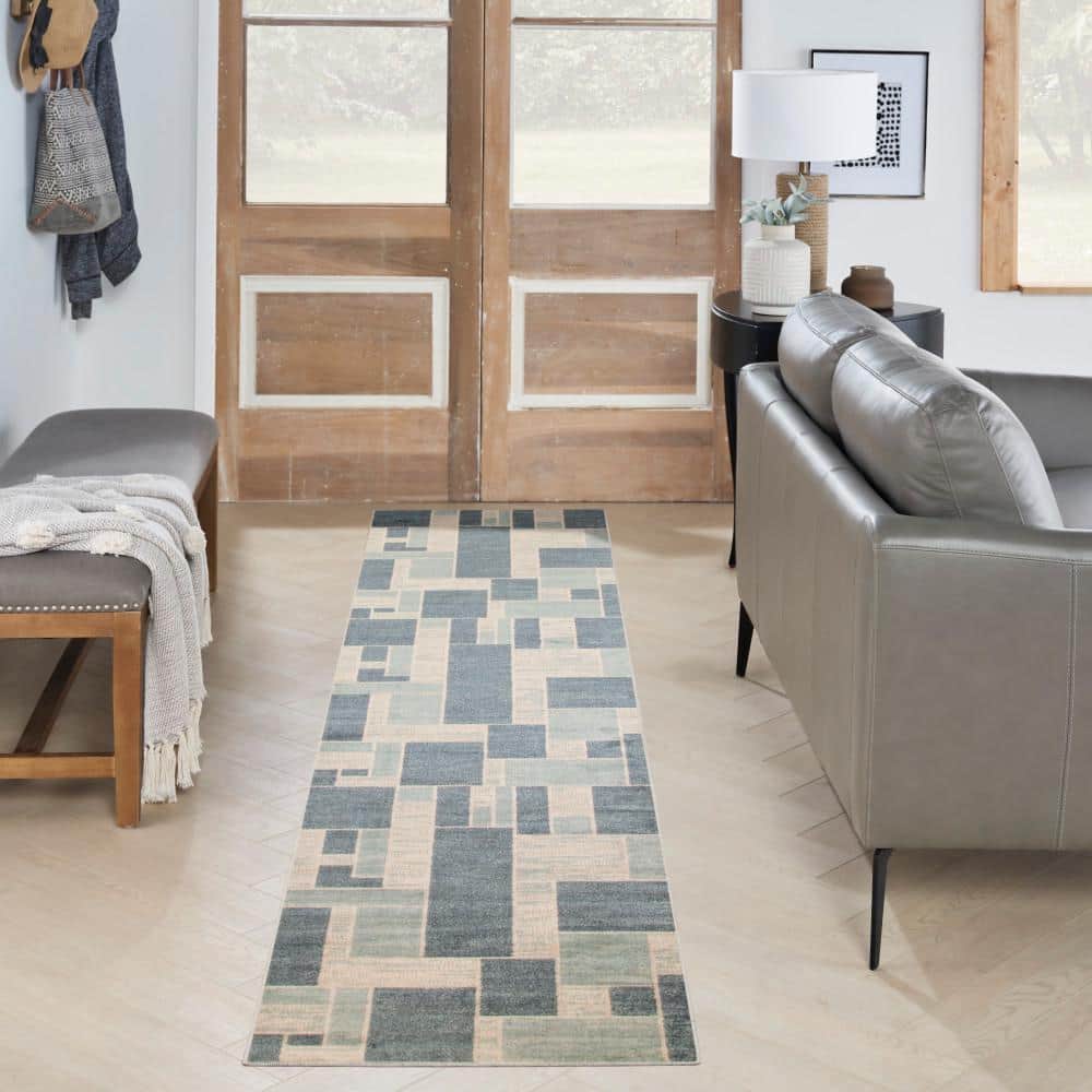 Astra Blue Ivory Geometric Synthetic Runner Rug 2'2" x 10'