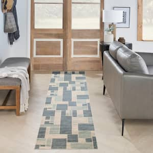 Astra Machine Washable Blue Ivory 2 ft. x 10 ft. Geometric Contemporary Runner Area Rug