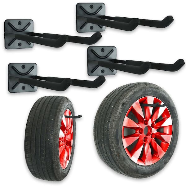 12.4 in. Metal Heavy-Duty Garage Tire Wall-Mounted Shed Hooks with Screws and Anchor Fasteners (4-Pack)