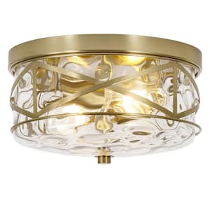 12 in. 2-Light Brass Gold Flush Mount Water Ripple Glass Ceiling Light with Metal Frame
