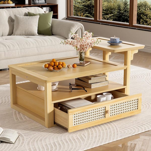 Harper & Bright Designs 38.5 in. Natural Rectangle Wood Coffee Table with 1 Storage Shelf, 2 Tabletops and 1 Rattan Drawer