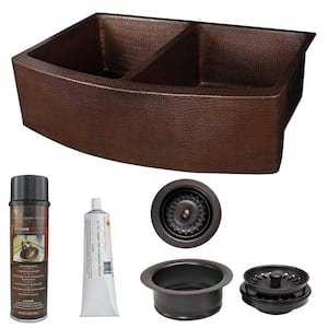 Farmhouse/Apron-Front Copper 33 in. 50/50 Double Bowl Kitchen Rounded Apron Sink and Drain in Oil Rubbed Bronze