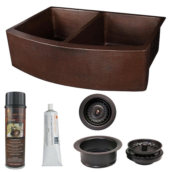 Premier Copper Products Farmhouse/Apron-Front Copper 33 in. 50/50 Double Bowl Kitchen Rounded Apron Sink and Drain in Oil Rubbed Bronze