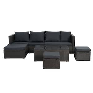 7-Piece Dark Gray Wicker Patio Conversation Set with Dark Gray Cushions, Tempered Glass Coffee Table