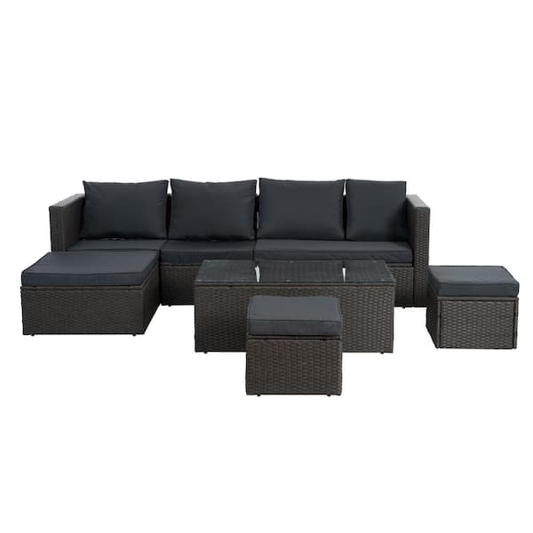 Tenleaf 7-Piece Dark Gray Wicker Patio Conversation Set with Dark Gray Cushions, Tempered Glass Coffee Table