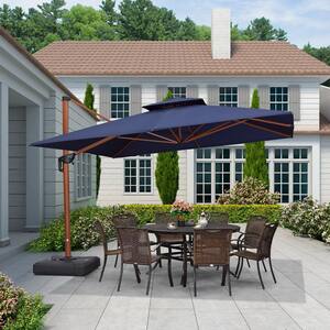 11 ft. Square High-Quality Wood Pattern Aluminum Cantilever Polyester Patio Umbrella with Stand, Navy Blue
