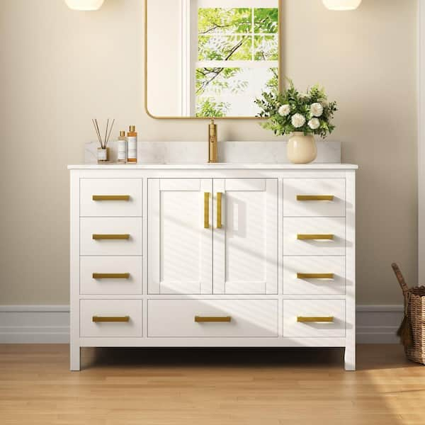 48 in. W x 22 in. D x 34 in. H Single Sink Freestanding White Bath Vanity with Engineered Marble Top (Assembled)