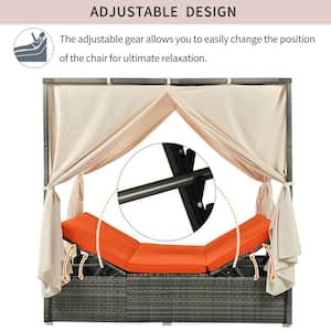 6-Seat Adjustable Back Wicker Outdoor Day Bed with Curtain and Orange Cushions