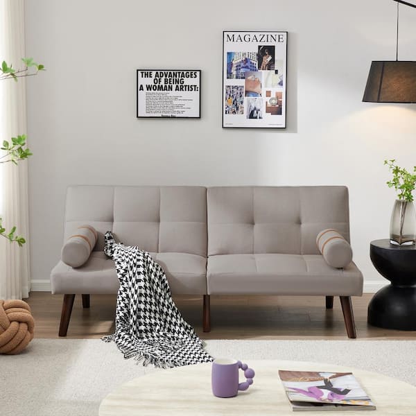 Noble House Linga 65.7 in. Modern Fabric Upholstery Convertible Twin Size Sofa Bed Futon, Solid Wood Legs, Light Grey