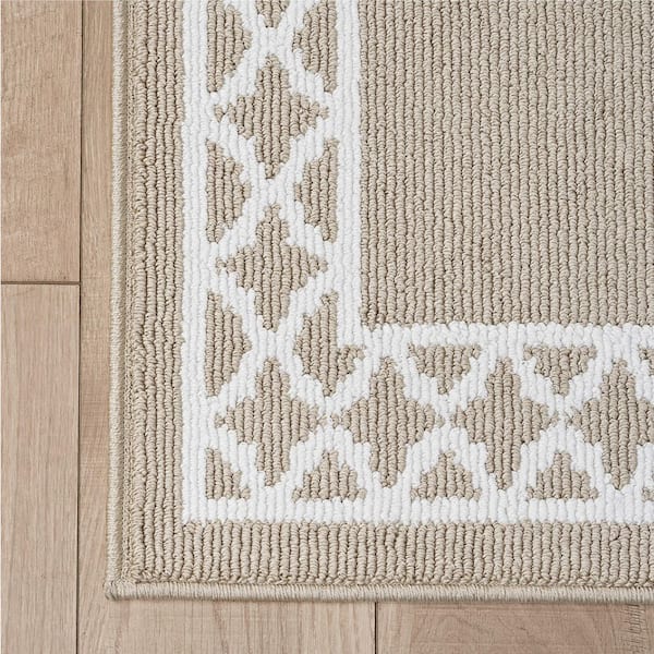 Washable Skid Resistant Beige /White 2.2 ft. x 8 ft. All Loop Tufted Area Rug