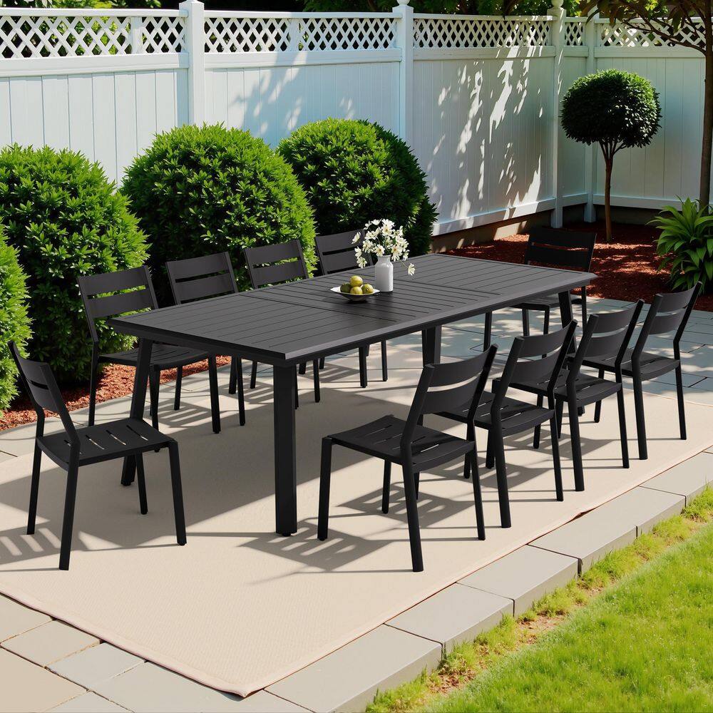 11-Piece Aluminum Outdoor Dining Set with Adjustable Feet Knobs Umbrella Hole 93.9 in. L Table Stackable Armless Chairs price history on PriceWatchPro