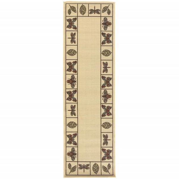Brown, Ivory 2 ft. x 8 ft. Loomed Abstract Polypropylene Rectangle Indoor/Outdoor Area Rug