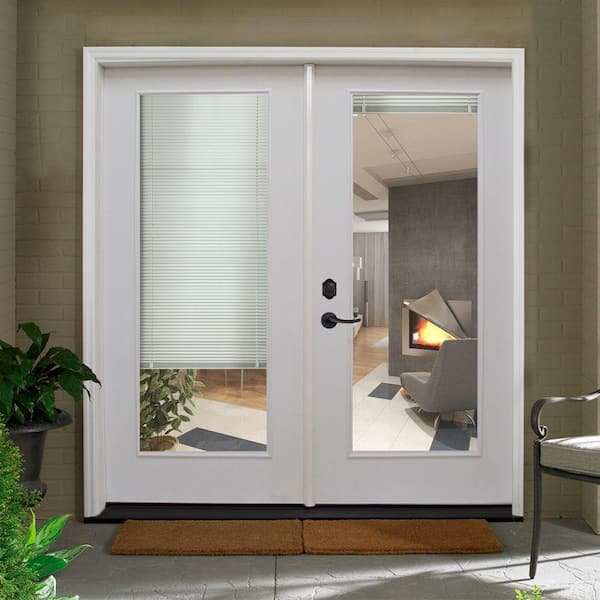 Steves & Sons - Legacy 64 in. x 80 in. Primed RH Inswing Fiberglass Full Clear Tempered Glass Prehung Double Patio Door with Blinds