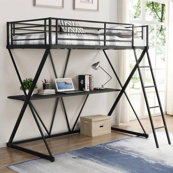 X Shaped Frame Twin Size Loft Bed, Metal Loft Bed With Desk Full