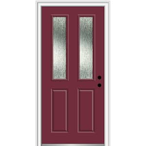 36 in. x 80 in. Left-Hand Inswing Rain Glass Burgundy Fiberglass Prehung Front Door on 4-9/16 in. Frame