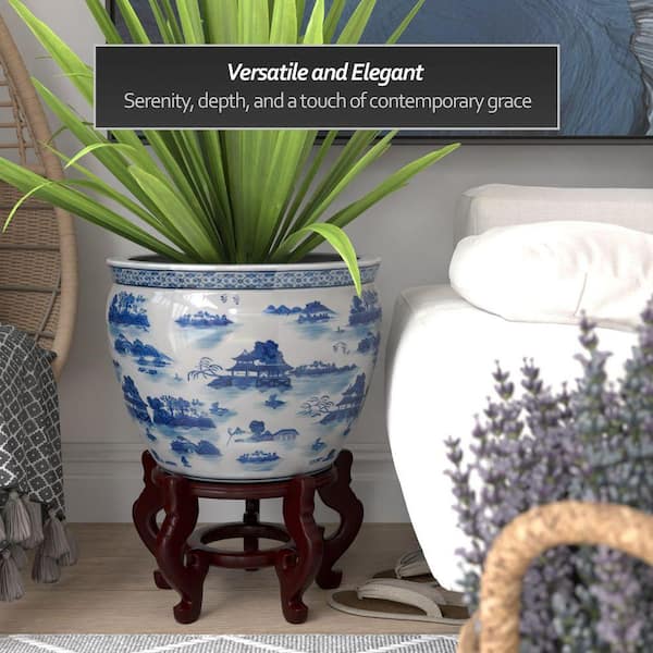 Red Lantern 18 in. Porcelain Fishbowl Blue and White Landscape BW