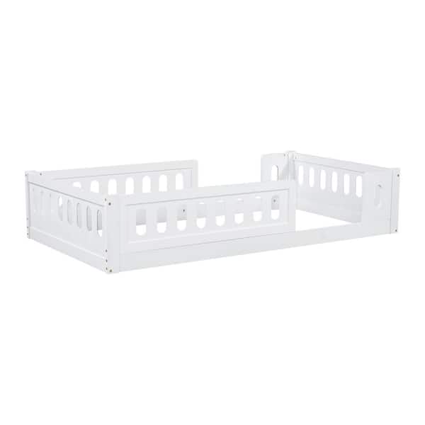 White Wood Frame Twin Platform Bed with Guardrail