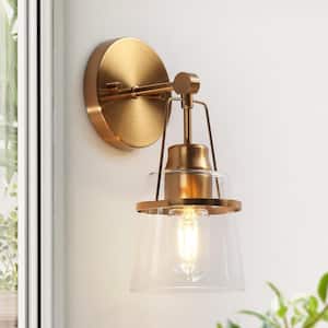 Mid-Century Modern 4.7 in. 1-Light Plated Brass Wall Sconce with Bell Clear Glass Shade