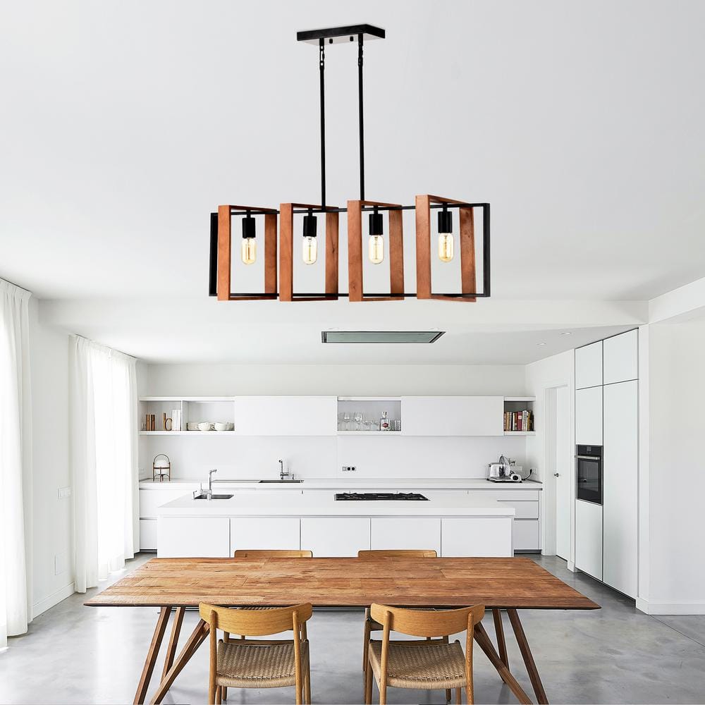 36" Matte Black and Rustic Wood Rectangular Island Chandelier