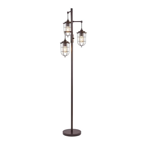 64.75 in. Industrial Bronze Lantern Floor Lamp with Shades and Bulbs 3 Light