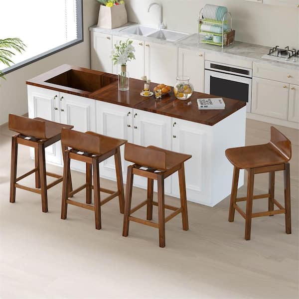 24.5 in. H Walnut Counter Height Bar Stools with Footrest Solid Rubber Wood Legs Set of 2
