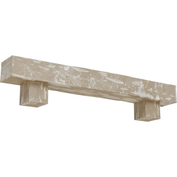 Ekena Millwork 6 in. x 6 in. x 7 ft. Pecky Cypress Faux Wood Fireplace Mantel Kit, Alamo Corbels, Whitewashed