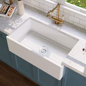 Gritty White 30 in. Farmhouse Apron Front Single Bowl Concrete Kitchen Sink with Grid and Strainer