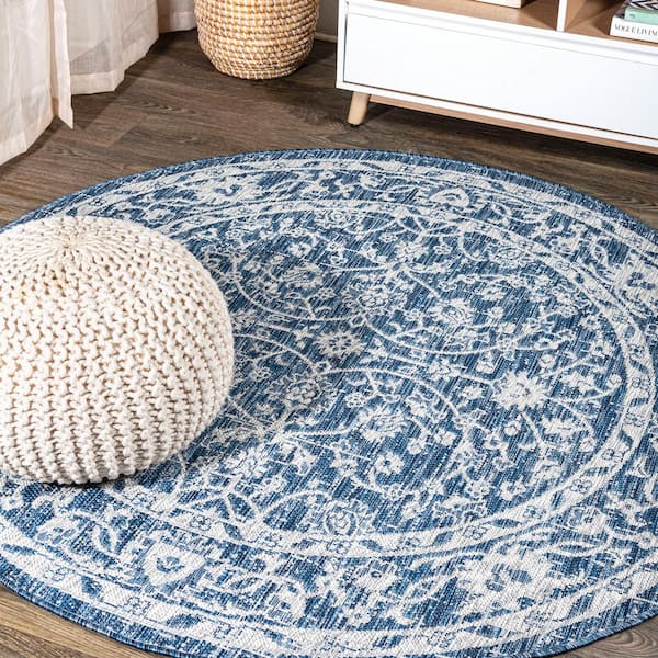 Navy/Gray 5 ft. Round Palazzo Vine and Border Textured Weave Indoor/Outdoor Area Rug