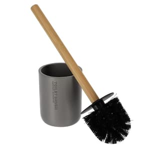 Modern Matte Gray Toilet Brush Set with Natural Bamboo Handle - Polyresin Bathroom Cleaning Accessory