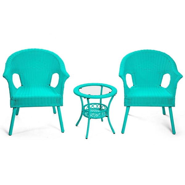 Zeus & Ruta 3 Pieces Wicker Outdoor Bistro Set with Outdoor Side Table for Patio Lawn Porch in Aqua Blue