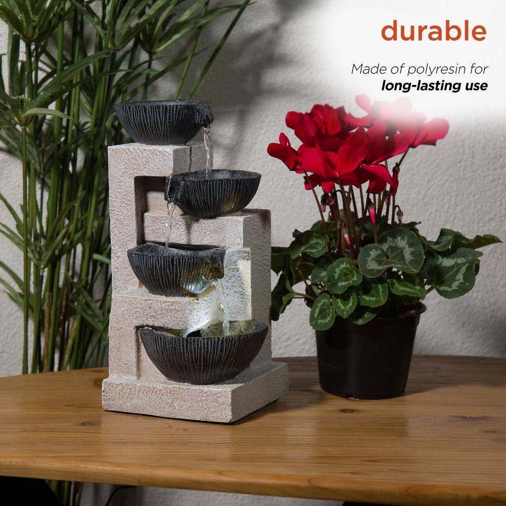 14" Gray Resin Cascading Bowl Tabletop Fountain with LED Lights