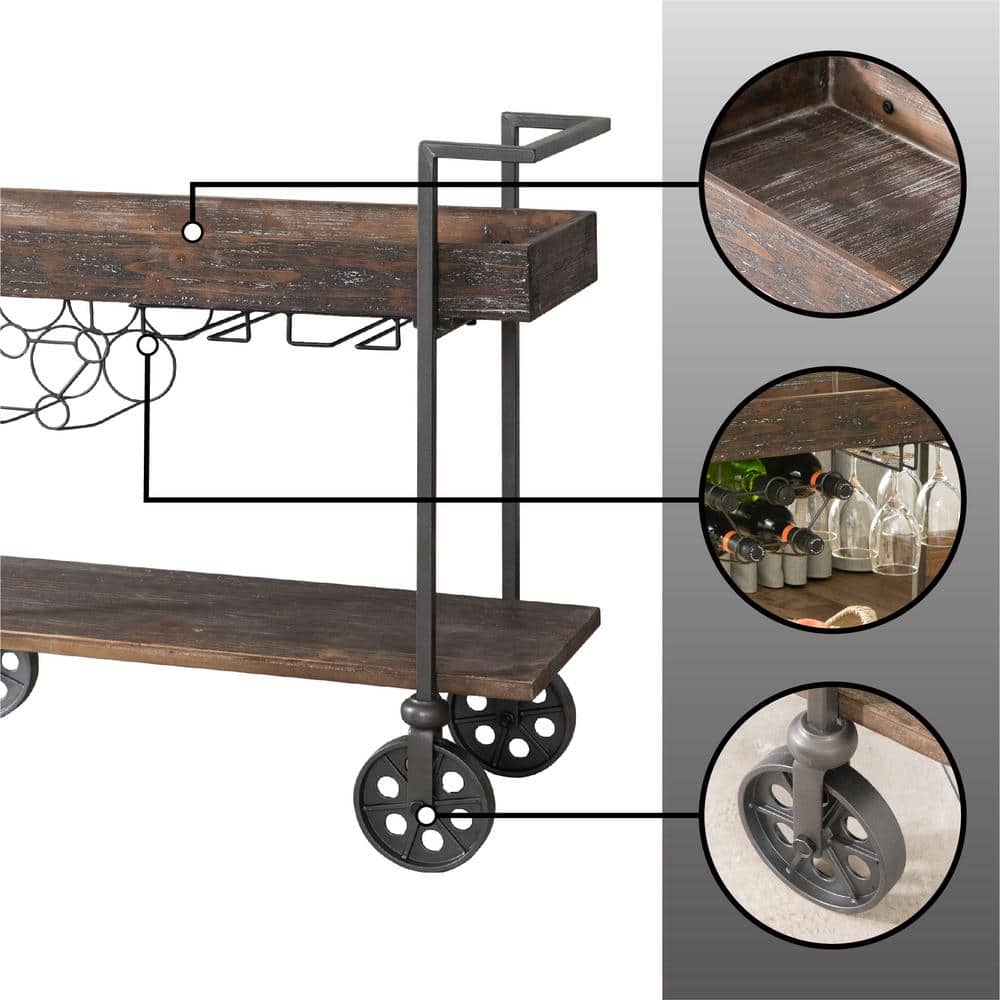 Rustic Brown Industrial Bar Cart with Wine Rack and Wheels