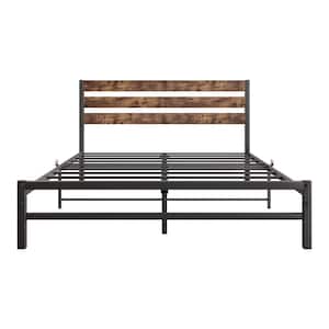 Modern Black Metal Frame Queen Platform Bed with Reclaimed Wood