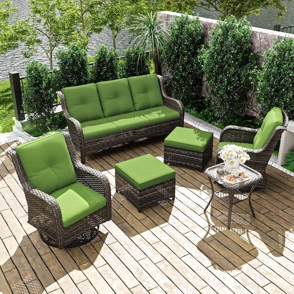 6-Piece Brown Wicker Patio Conversation Set Outdoor Couch Set with Green Cushions