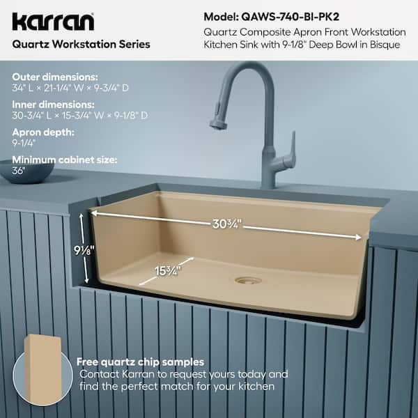 Karran 34 in. Farmhouse Single Bowl Quartz Workstation Kitchen