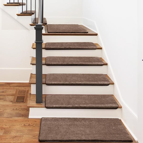 PURE ERA Plush Brown 9.5 in. x 30 in. x 1.2 in. Bullnose Polyster Carpet Stair Tread Cover With Landing Mat Tape Free Set of 15