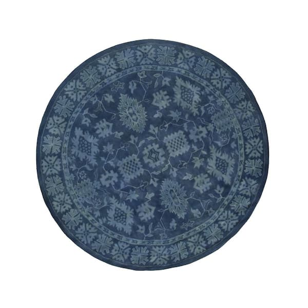 EORC Blue Hand-Tufted Wool Traditional Overdyed Rug, 8 ft. Round, Area Rug