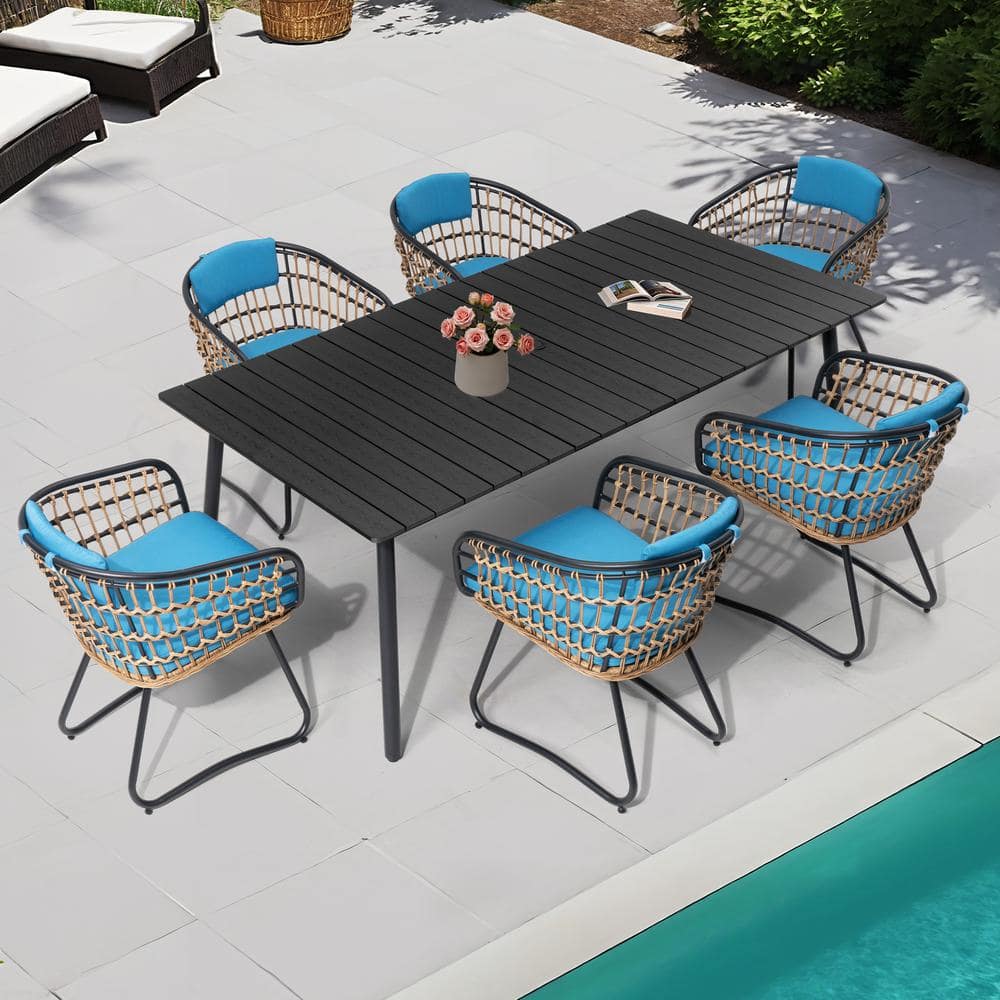 7 of Piece Aluminum Rectangle Table Wicker Chairs Outdoor Dining Set with Blue Cushion