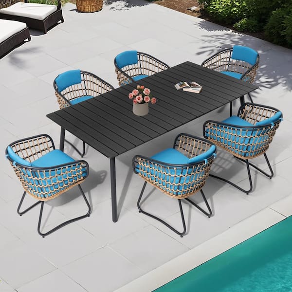 7 of Piece Aluminum Rectangle Table Wicker Chairs Outdoor Dining Set with Blue Cushion